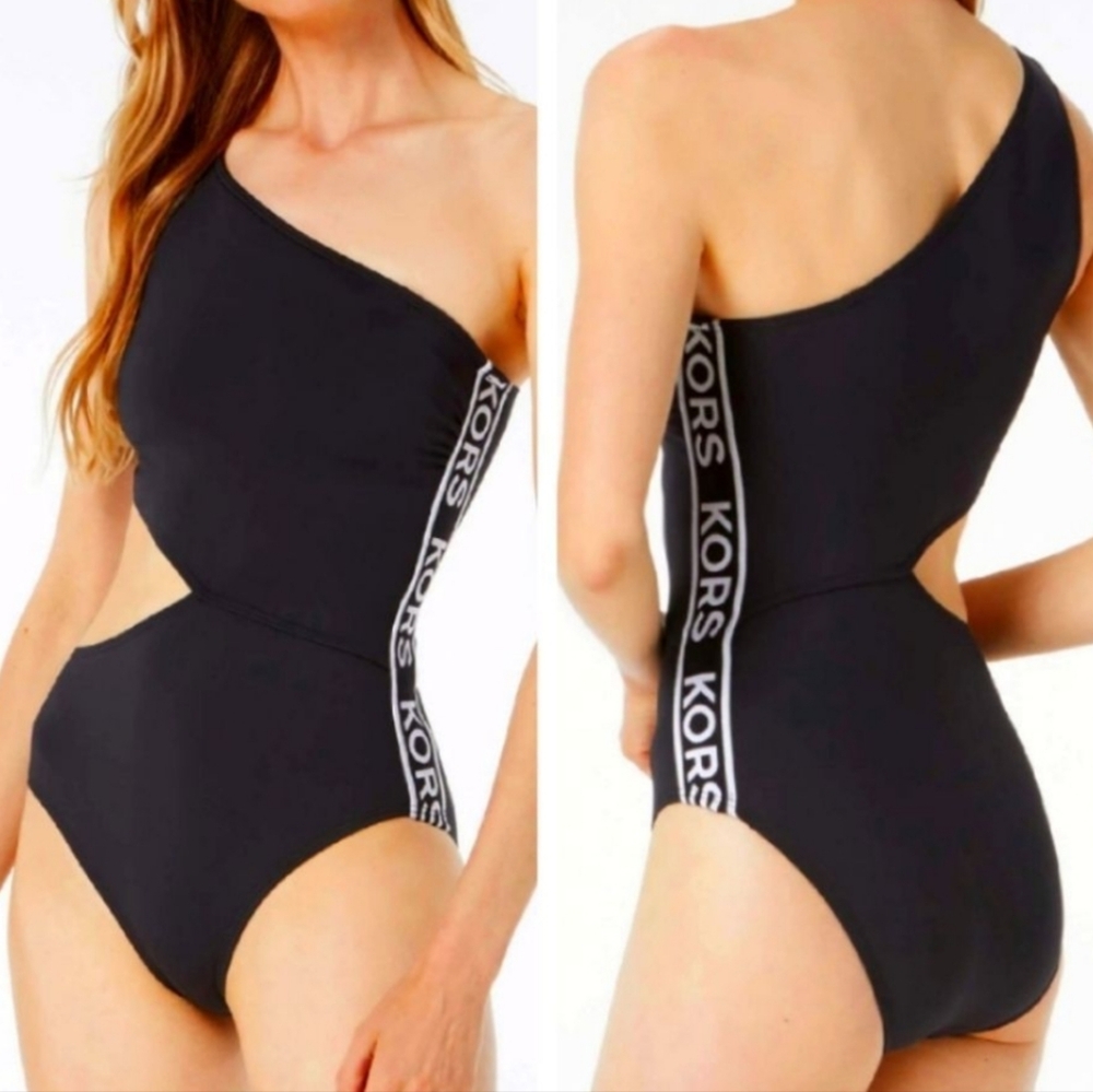 Micheal Kors Black Signature Logo Side Cutout Women's  One-piece Swimsuit sz 10